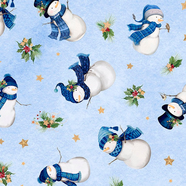Pattern of snowmen with blue hats and scarves on a light blue background with stars and holly leaves.