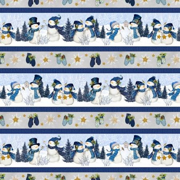 Pattern of snowmen and winter elements on a striped background