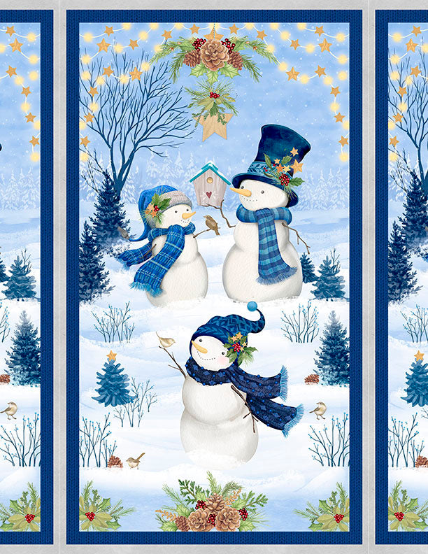 Decorative panel with snowmen and winter scenery, featuring blue and white colors.