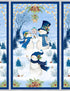 Decorative panel with snowmen and winter scenery, featuring blue and white colors.