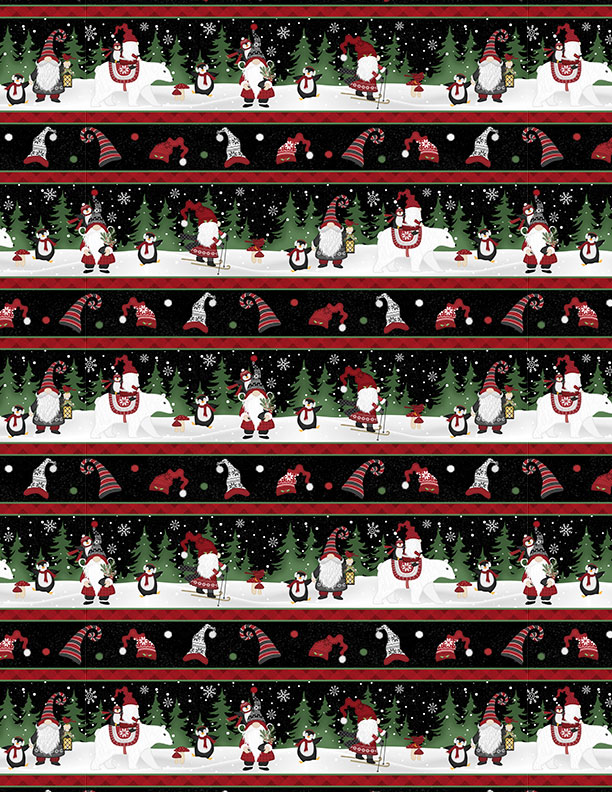 Striped Christmas-themed fabric pattern with Santa Claus, reindeer, and trees.