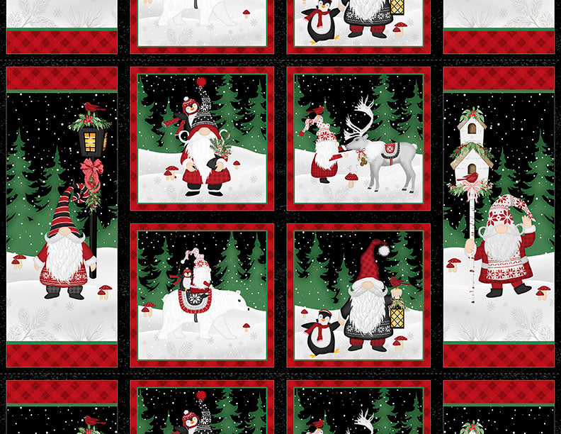 Christmas-themed fabric with Santa Claus, reindeer, and other holiday characters on a black background.