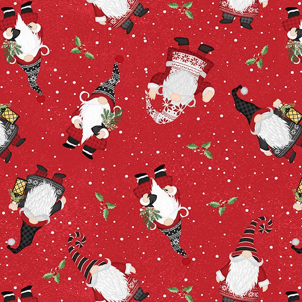 Pattern of Christmas gnomes on a red background with white snowflakes