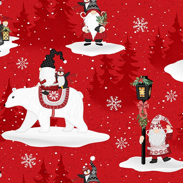Christmas-themed fabric with gnomes, a polar bear, and snowflakes on a red background.