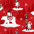 Christmas-themed fabric with gnomes, a polar bear, and snowflakes on a red background.