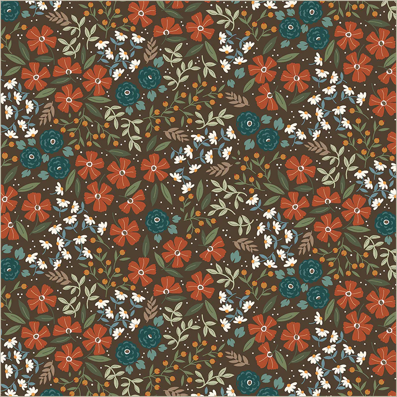 Floral pattern with red, blue, and white flowers on a brown background
