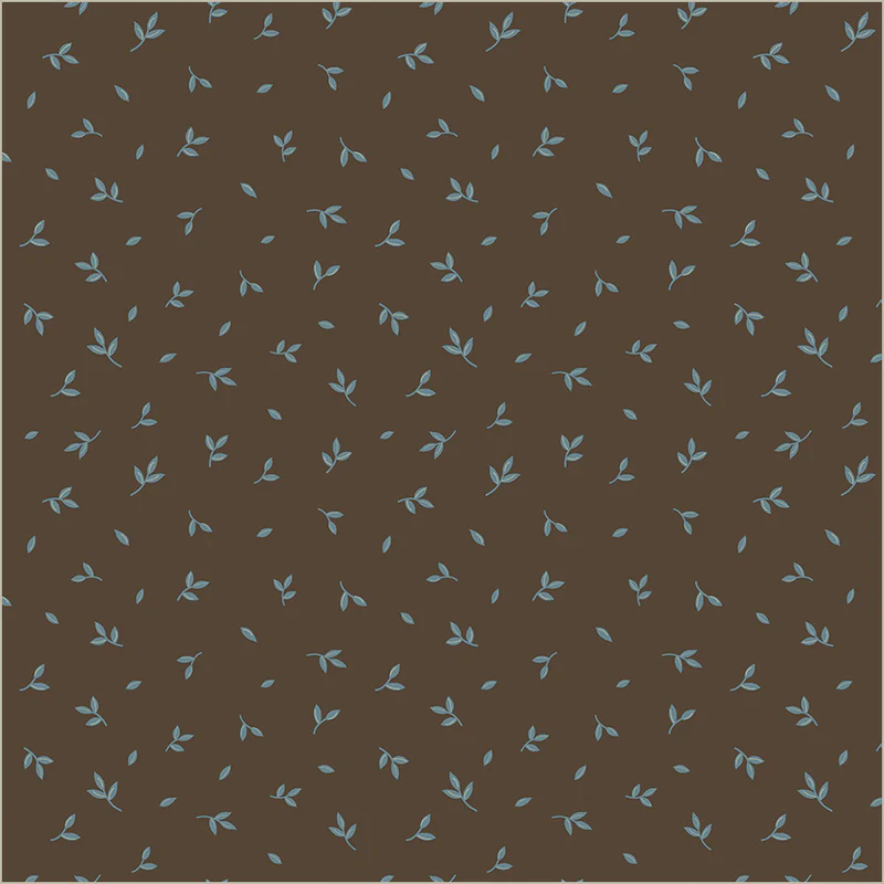 A seamless repeating pattern of small light blue leafy sprigs on a solid dark brown background.