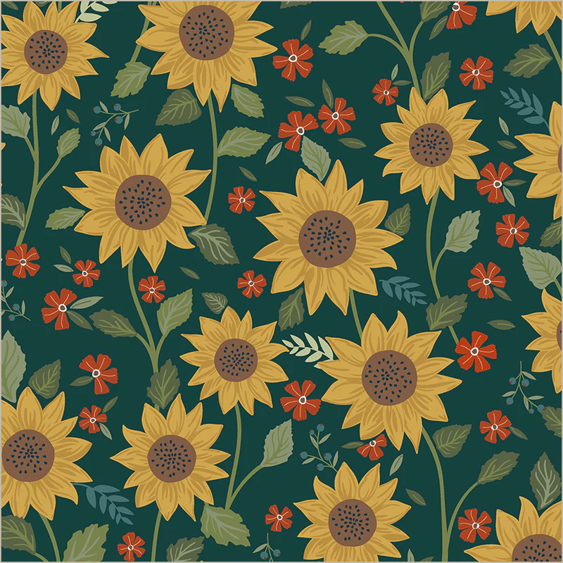 Pattern of sunflowers and small red flowers on a dark green background