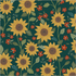 Pattern of sunflowers and small red flowers on a dark green background