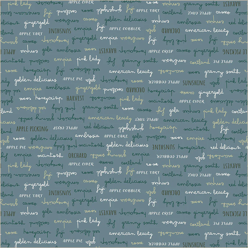 A repeating pattern of hand-lettered words and phrases in muted teal, sage green, and cream on a dusty blue-gray background, including terms like apple cider, apple pie, vanilla, and autumn.