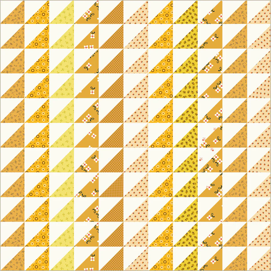 A repeating geometric quilt pattern made of alternating yellow, orange, beige, and white triangles with small floral and dot print fabrics.