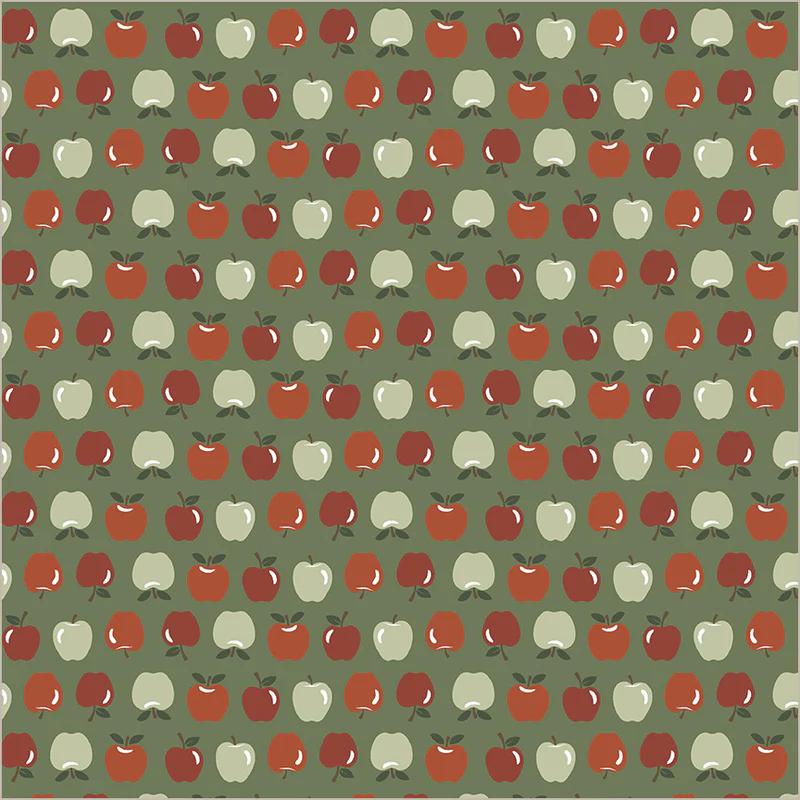 A repeating pattern of stylized red and cream apples with small green leaves on an olive green background.