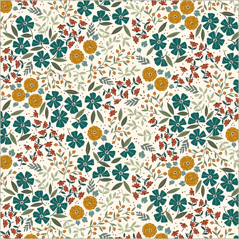 Pattern of blue, orange, and green flowers on a white background