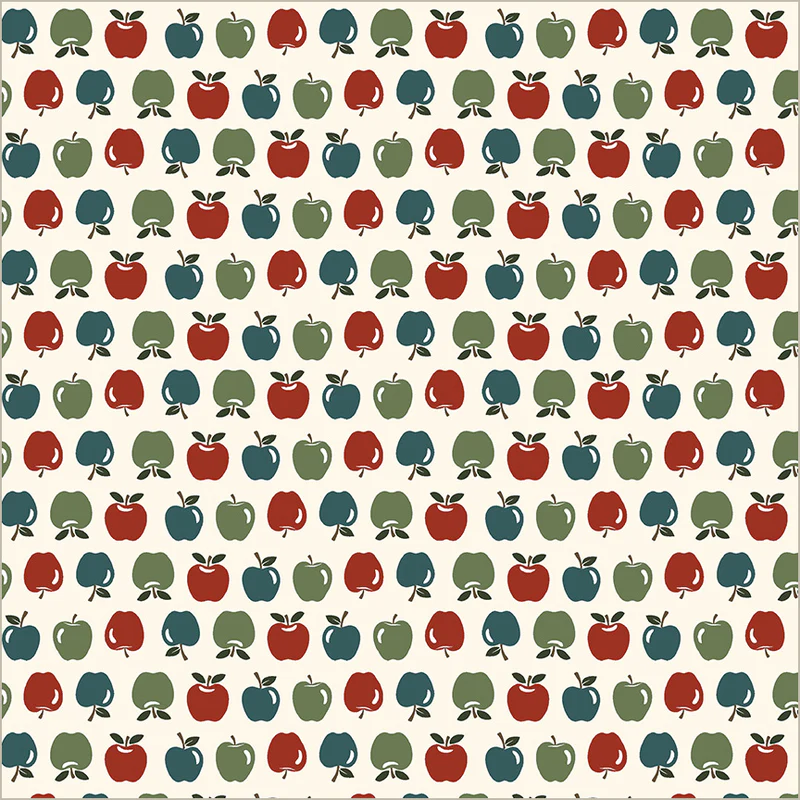 A repeating pattern of stylized apples in red, green, and teal on a warm cream background.