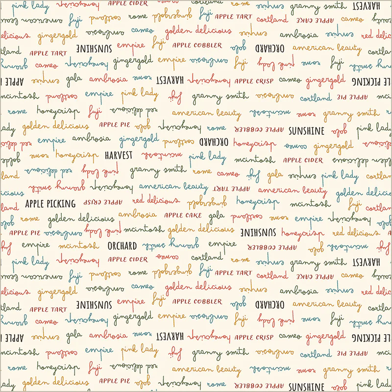 A repeating pattern of hand-lettered words and phrases in multiple colors on a light cream background, including apple-related terms like apple pie, apple cider, orchard, and harvest.