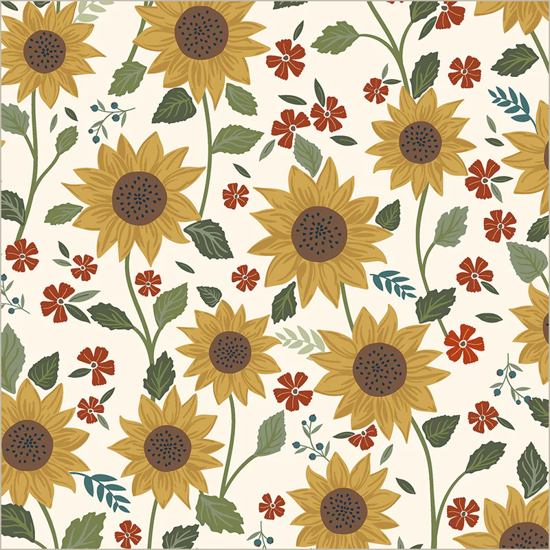 Pattern of sunflowers and small red flowers on a beige background