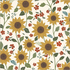 Pattern of sunflowers and small red flowers on a beige background