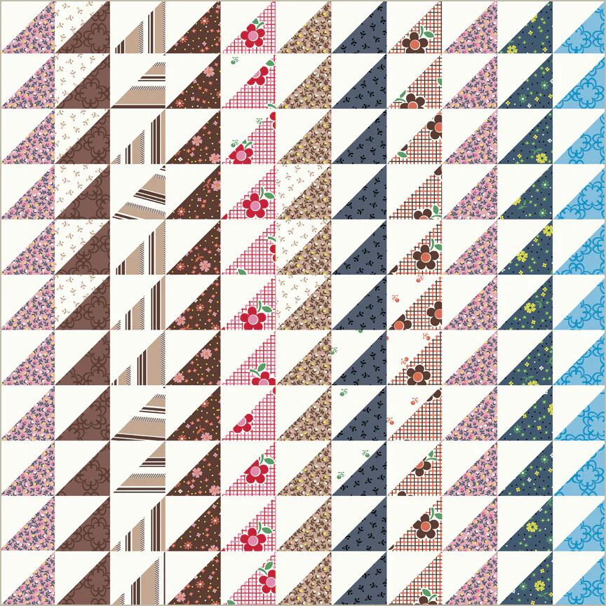 A quilt pattern or fabric design composed of repeating triangular blocks in brown, beige, navy, white, pink, red, and blue floral and gingham patterns.