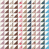 A quilt pattern or fabric design composed of repeating triangular blocks in brown, beige, navy, white, pink, red, and blue floral and gingham patterns.