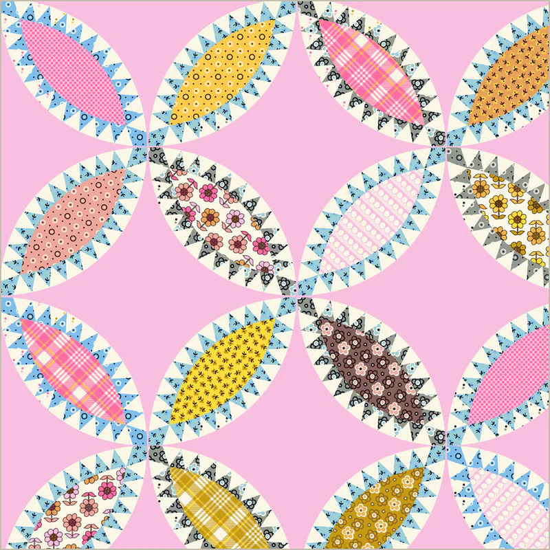 Quilt pattern with colorful geometric shapes on a pink background