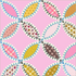 Quilt pattern with colorful geometric shapes on a pink background