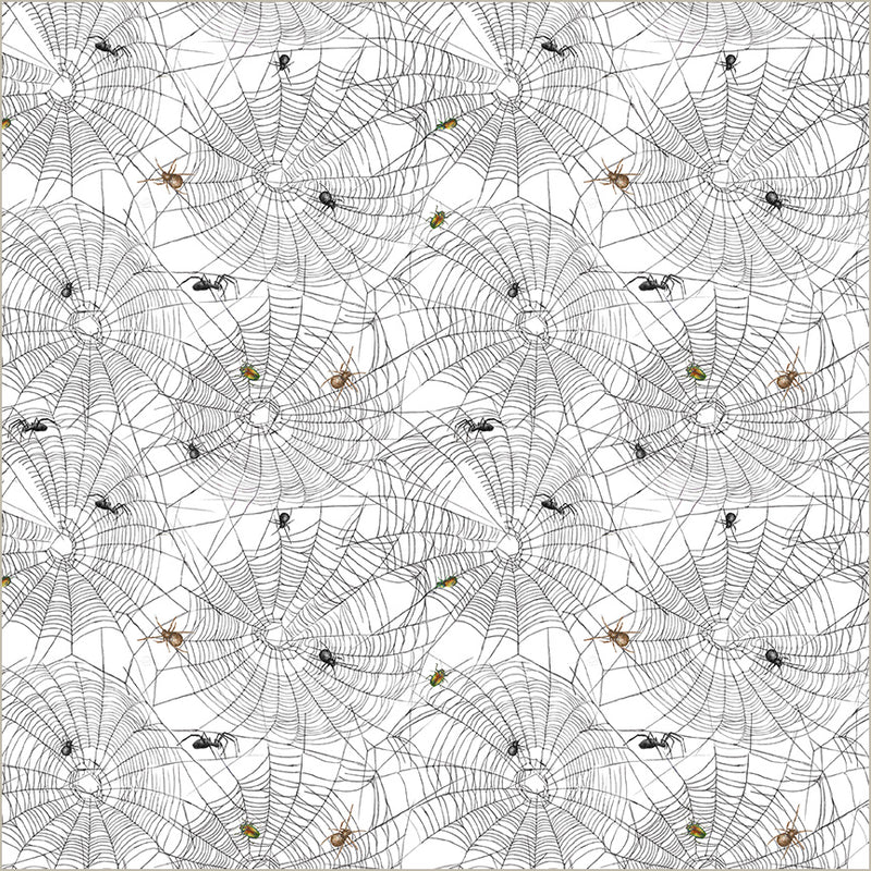Pattern of spider webs with spiders and insects on a white background