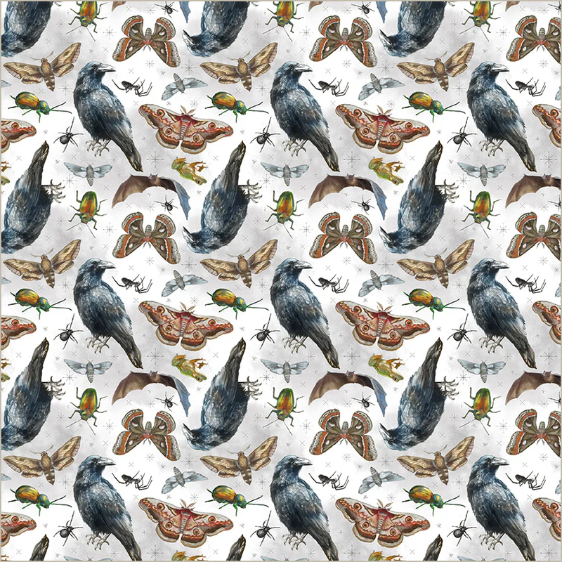 Pattern of birds and butterflies on a white background