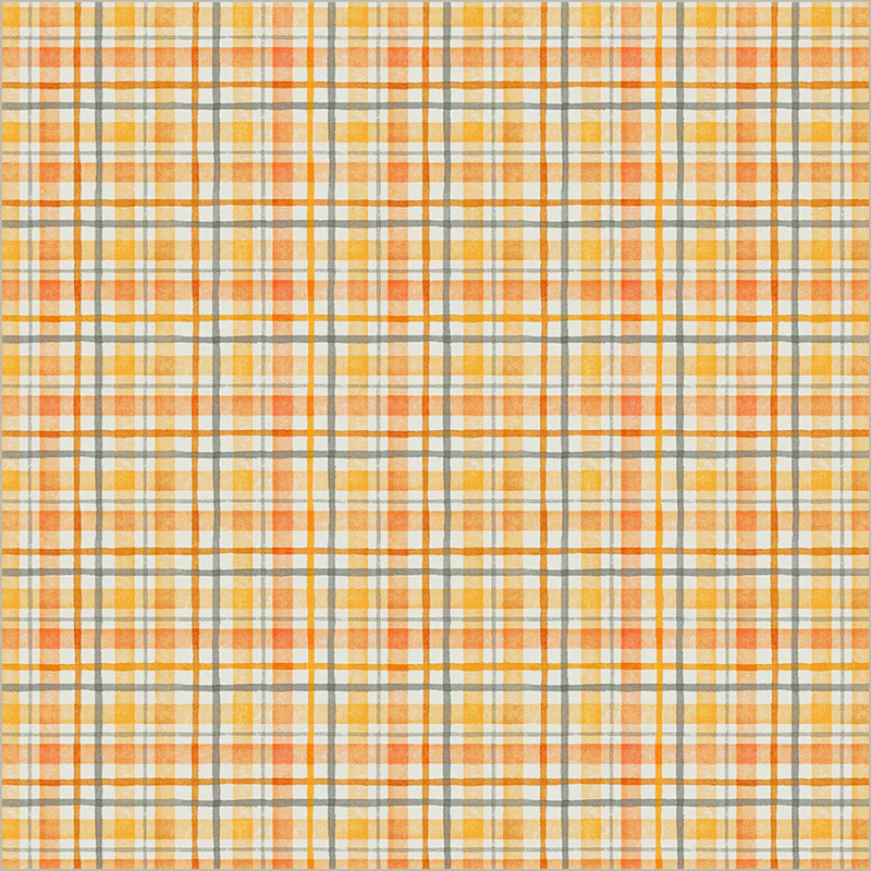 Plaid pattern with orange, yellow, and gray colors on a fabric background
