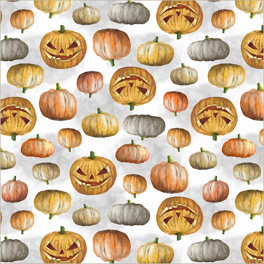 Pattern of jack-o'-lanterns and pumpkins on a white background