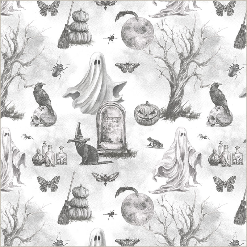 Halloween-themed pattern with ghosts, pumpkins, and brooms on a white background