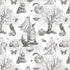 Halloween-themed pattern with ghosts, pumpkins, and brooms on a white background