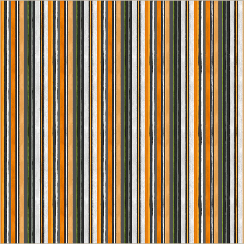Striped fabric pattern with orange, black, and white vertical stripes on a white background