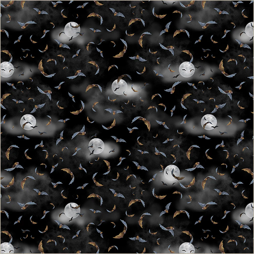 A repeating Halloween-themed pattern featuring flying bats, full moons with smiling faces, and soft clouds on a dark background.