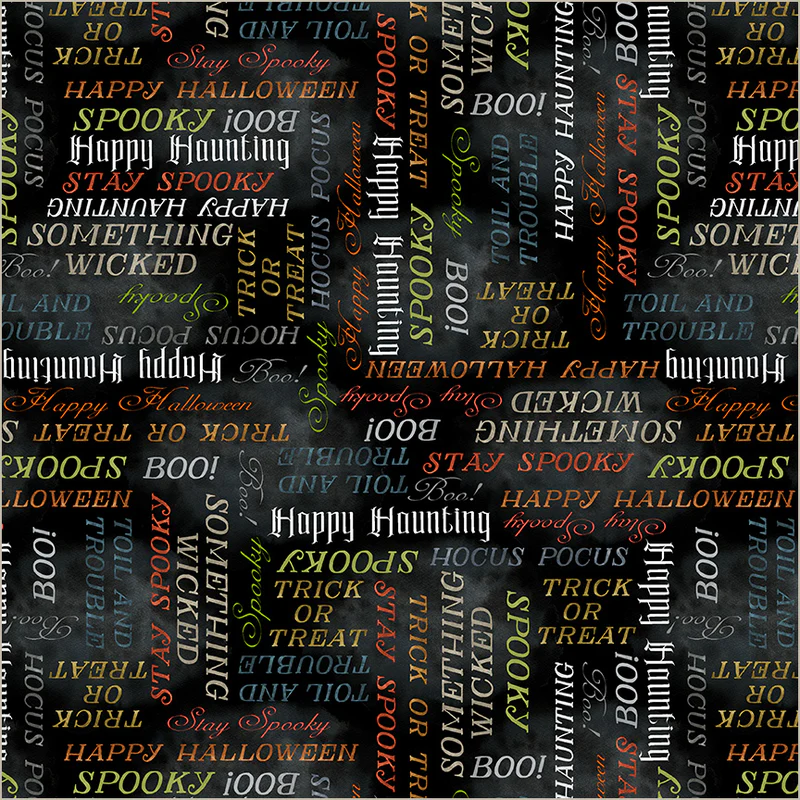 Text pattern with Halloween-themed words on a black background