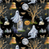 Halloween-themed pattern with ghosts, pumpkins, and other elements on a dark background.