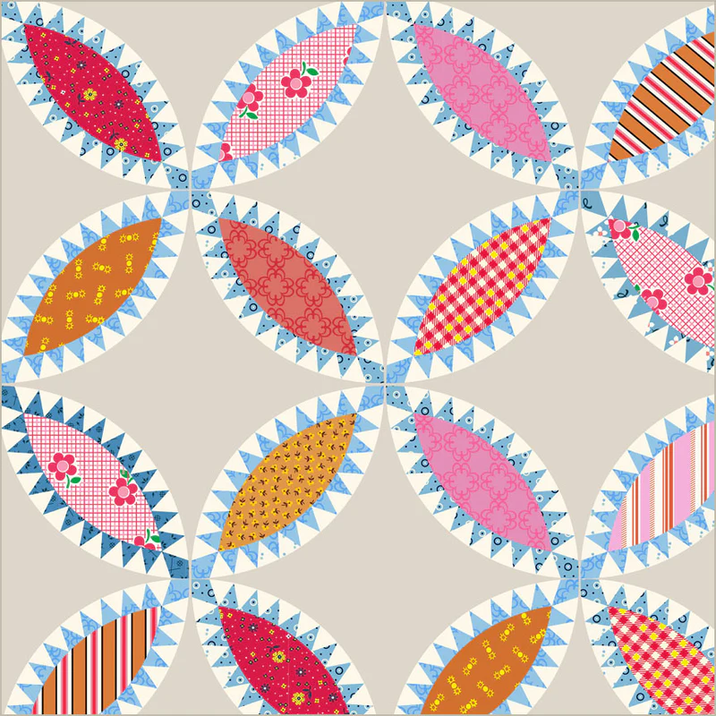Colorful quilt pattern with leaf shapes on a beige background
