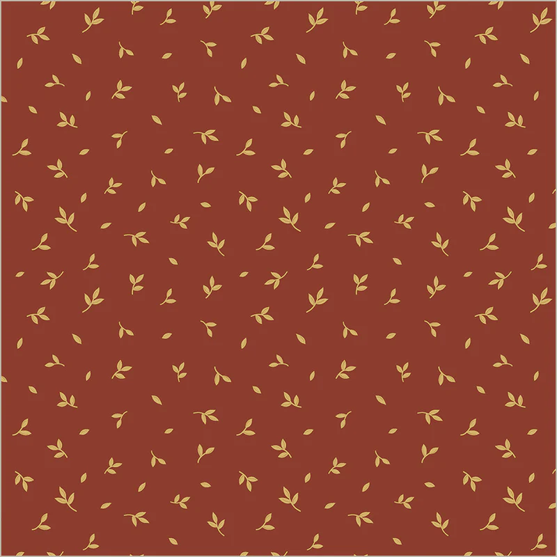 A repeating pattern of small light beige leafy sprigs scattered across a warm rust-red background.