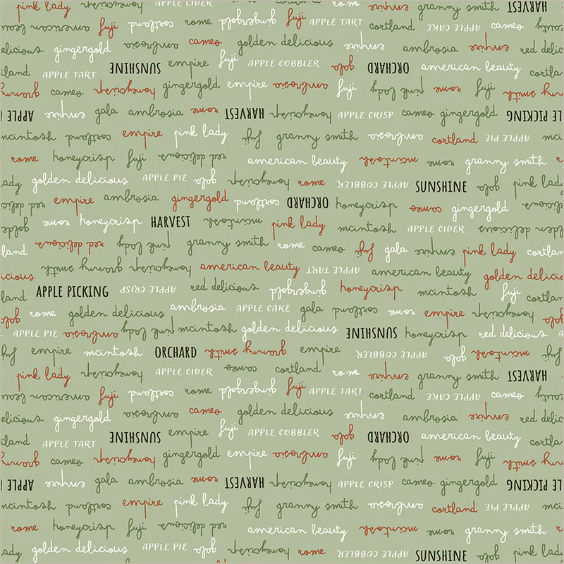 A repeating pattern of hand-lettered words and phrases in muted red, olive green, and gray on a light beige background, including words like apple, pie, harvest, sunshine, and American Beauty.