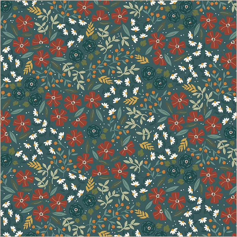 Floral pattern with red, white, and green flowers on a teal background
