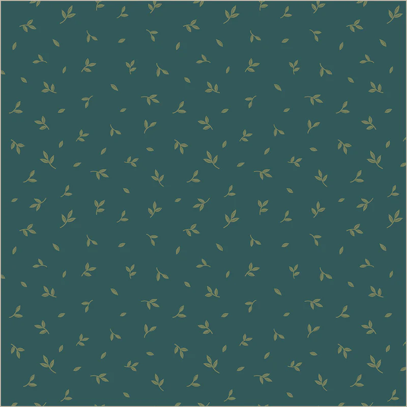 A repeating pattern of small olive-green leafy sprigs on a dark teal background.
