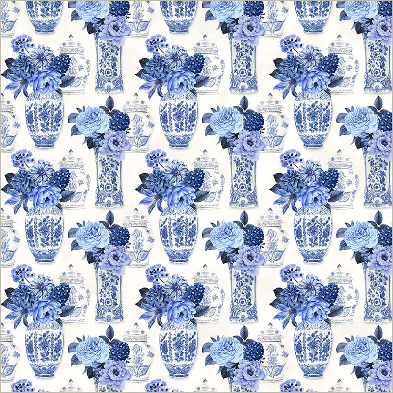 Fabric Windham White Porcelain Bouquets China Blue by the Quarter Yard 54935-1
