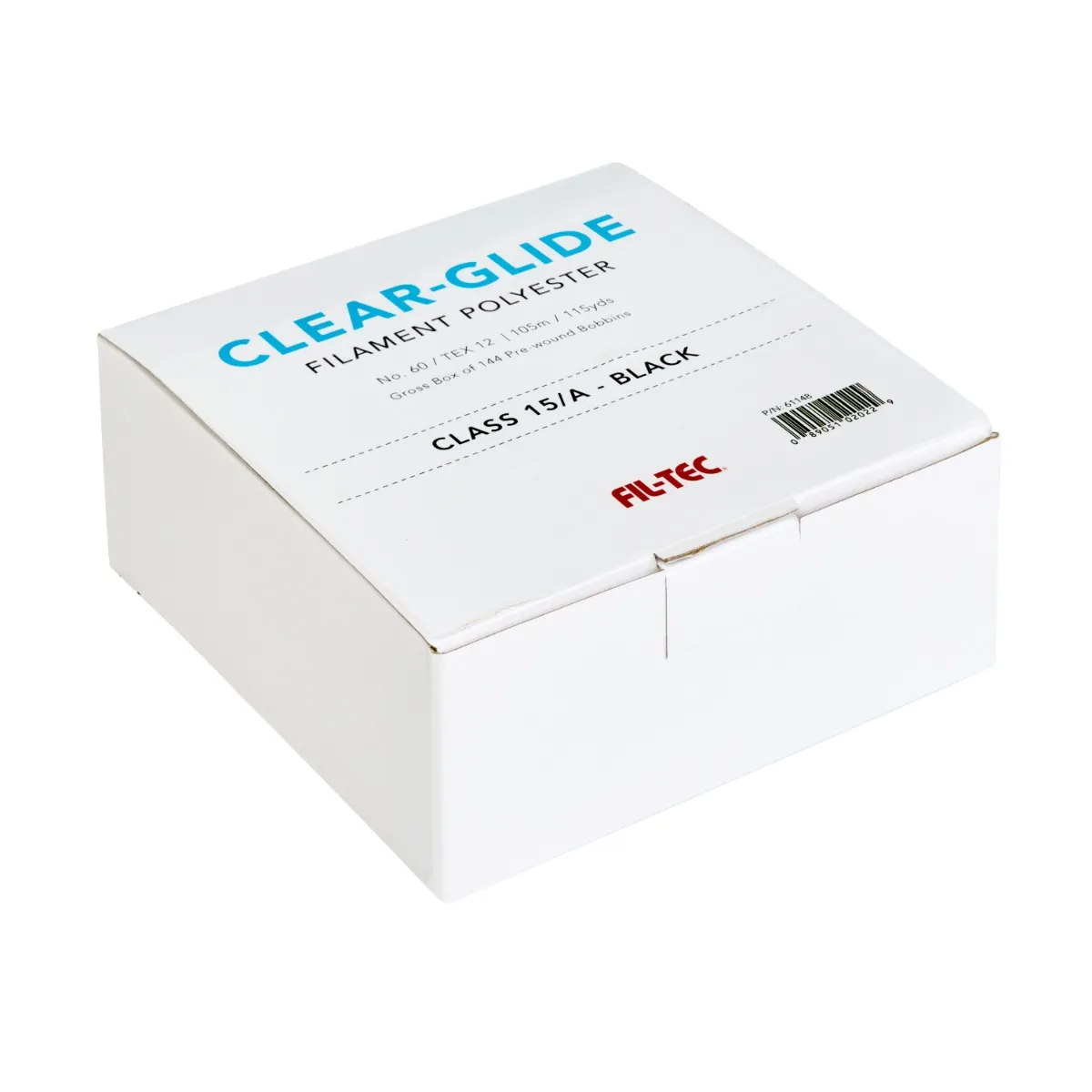 Box of Fil-Tec Clear-Glide filament polyester bobbins on a white background