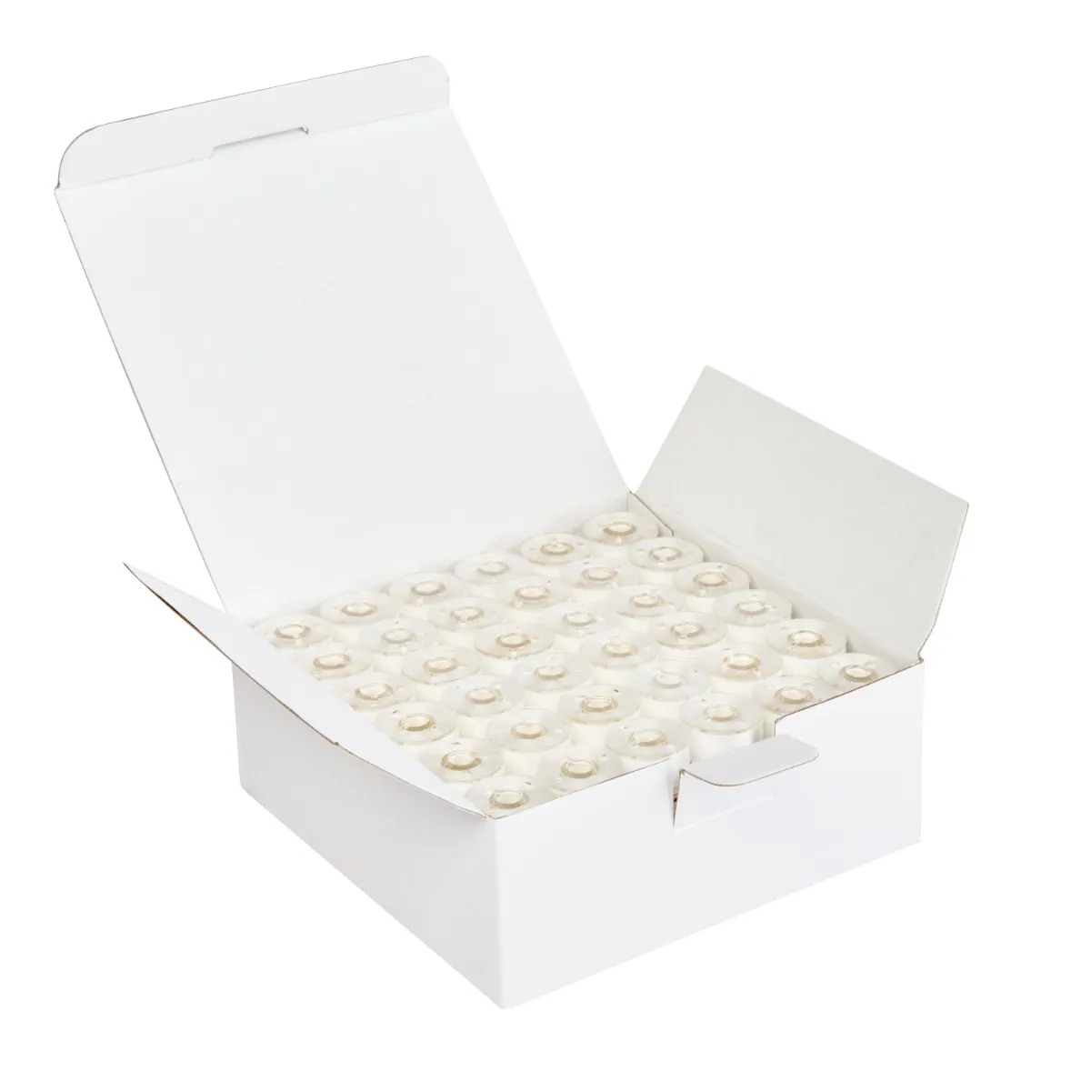 White box with white bobbins inside on a white background