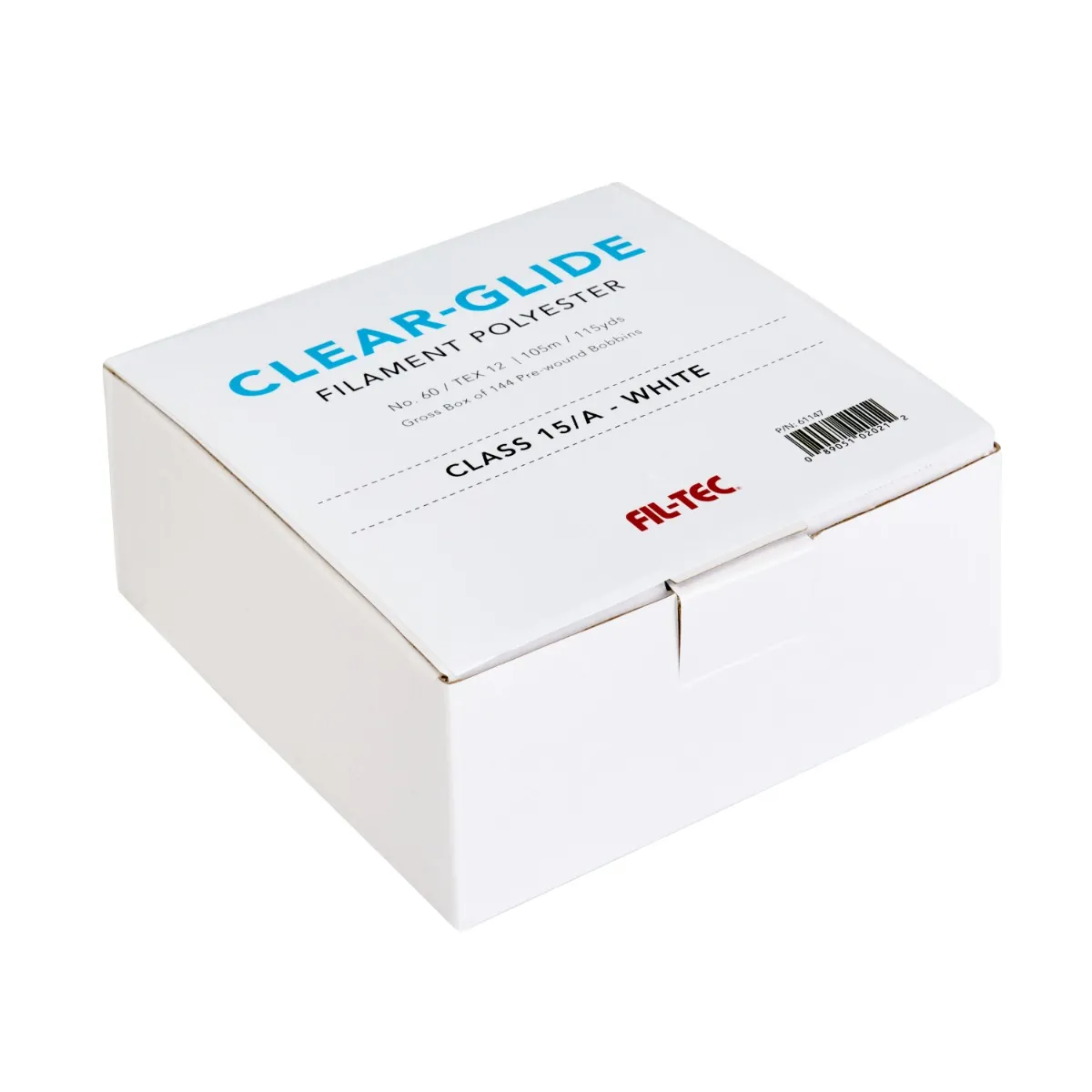 Box of Clear-Glide filament polyester bobbins with Fil-Tec branding on a white background