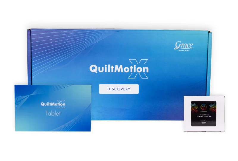 Grace Company QuiltMotion X Discovery kit featuring a blue branded box, a blue booklet labeled Tablet, and a small white square device with a screen, shown on a white background.