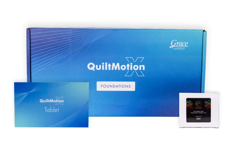 Grace Company QuiltMotion X Foundations kit featuring a blue branded box, a blue booklet labeled Tablet, and a small white square device with a screen, shown on a white background.