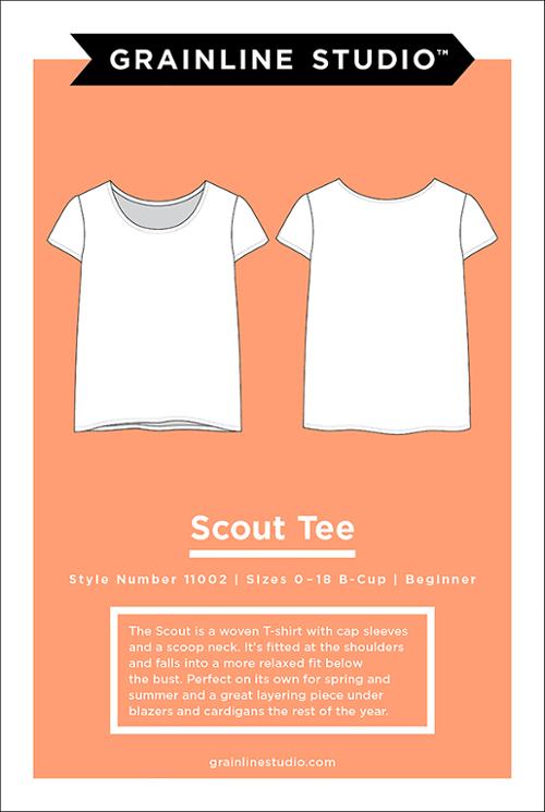 Scout Tee sewing pattern packaging with orange background and text details.