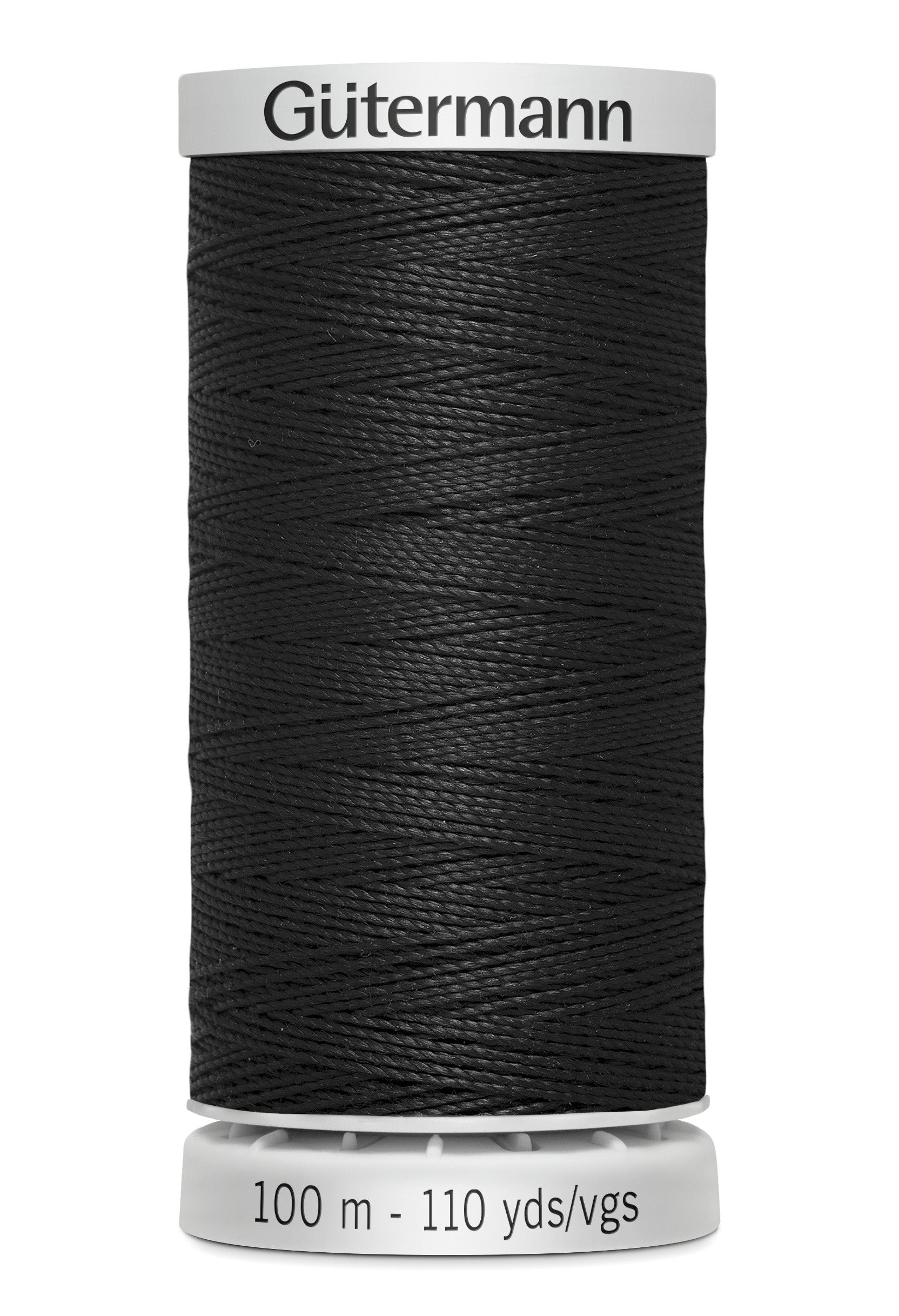 Spool of black thread with 'Gütermann' branding on a white background