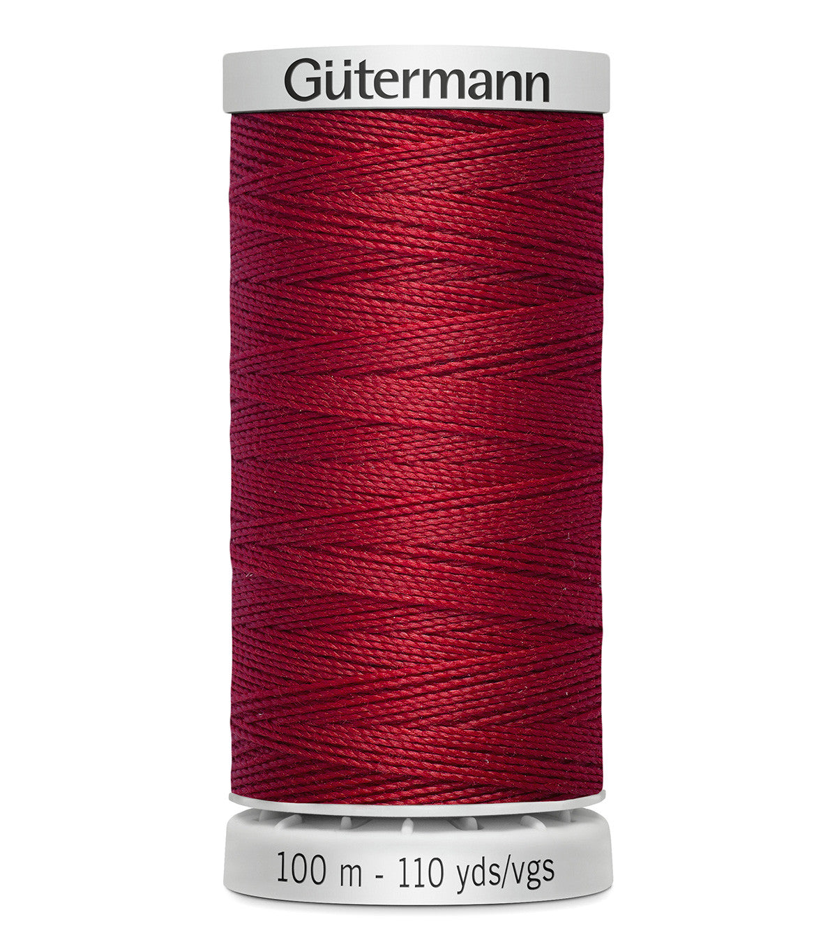 Spool of red Gutermann thread on a white background