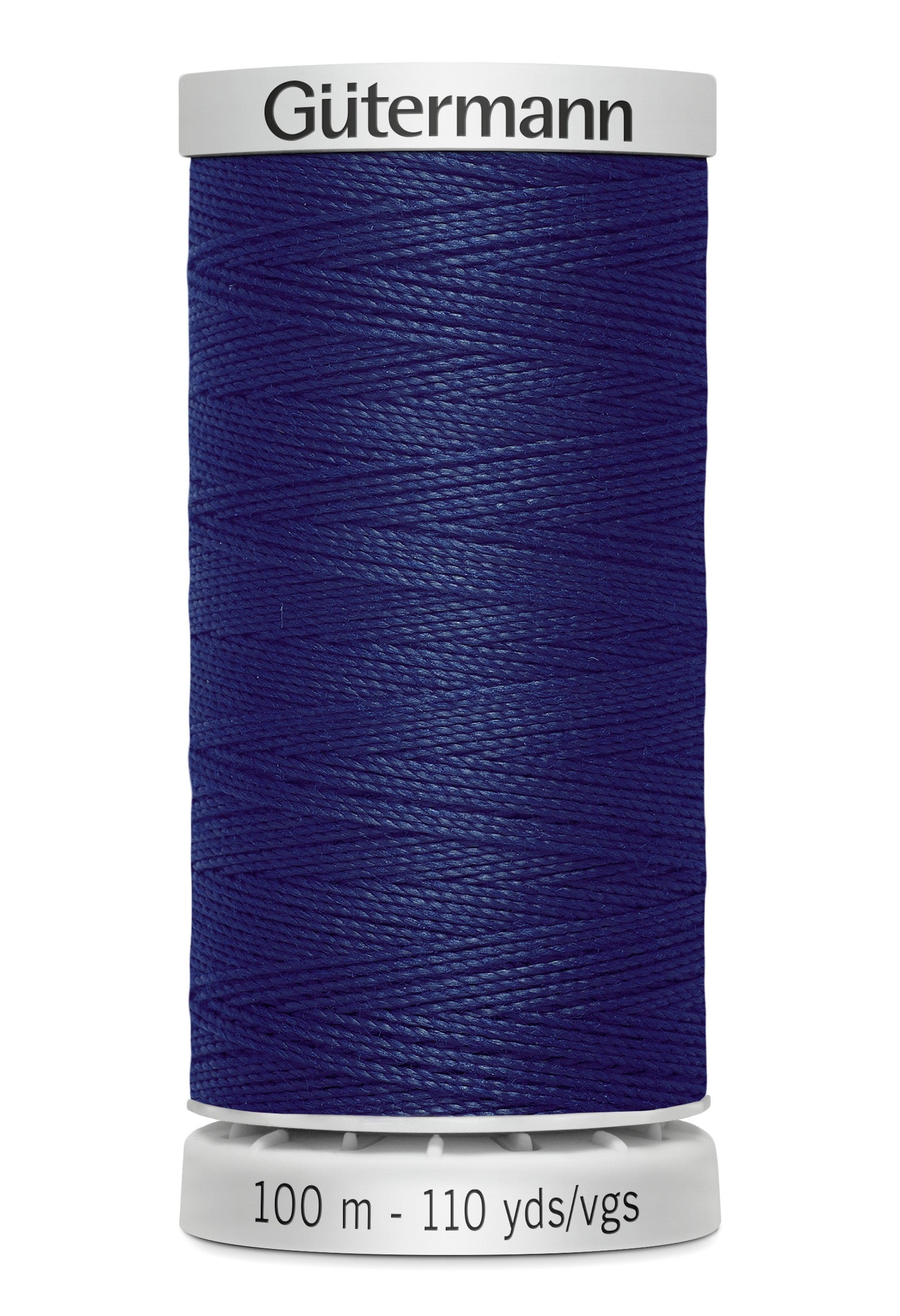 Spool of blue thread with 'Gütermann' branding on a white background